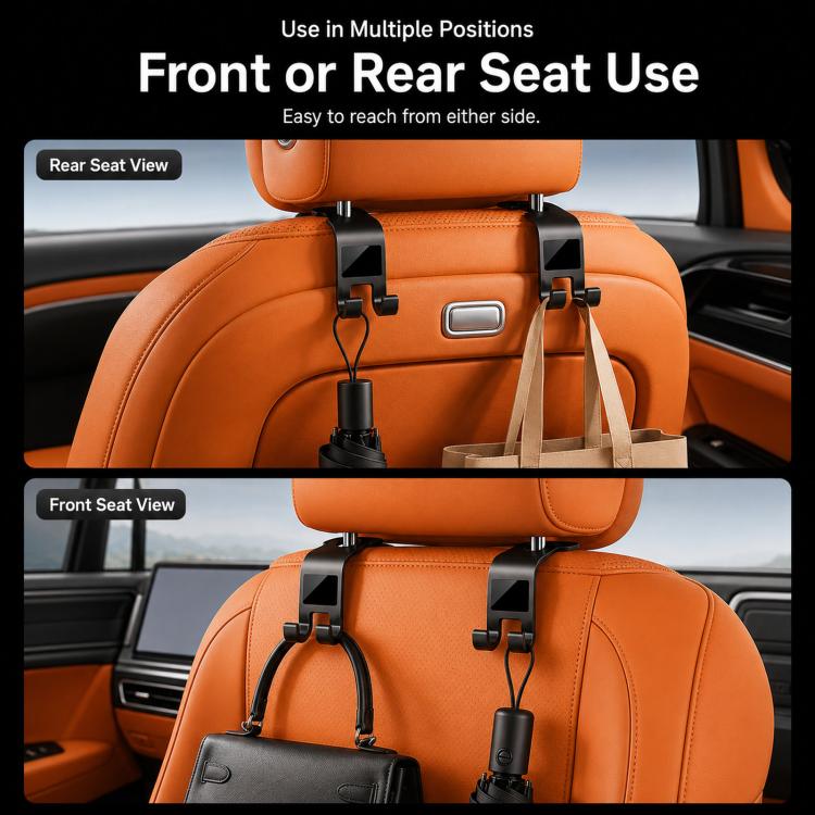 Car headrest hook clips on seat back, black holders for bags and umbrella