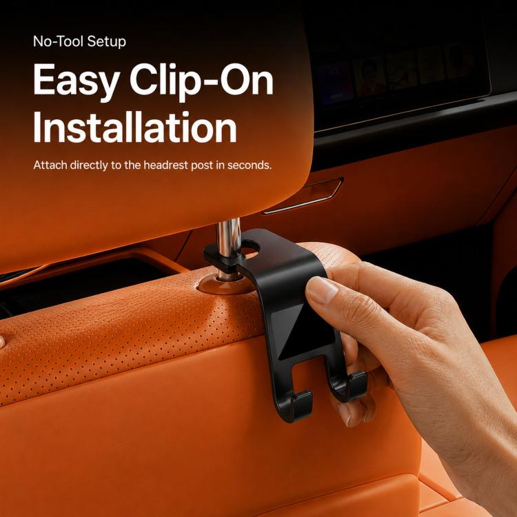 Black clip-on headrest hook with hand attaching to seat headrest post