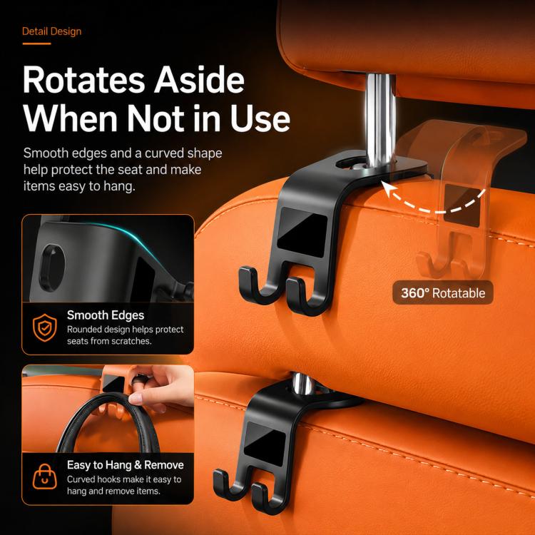 Rotatable black headrest hooks clipped to seat, positioned aside when not in use