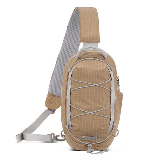 Khaki and gray mesh sling crossbody bag with front cord lacing and adjustable strap.