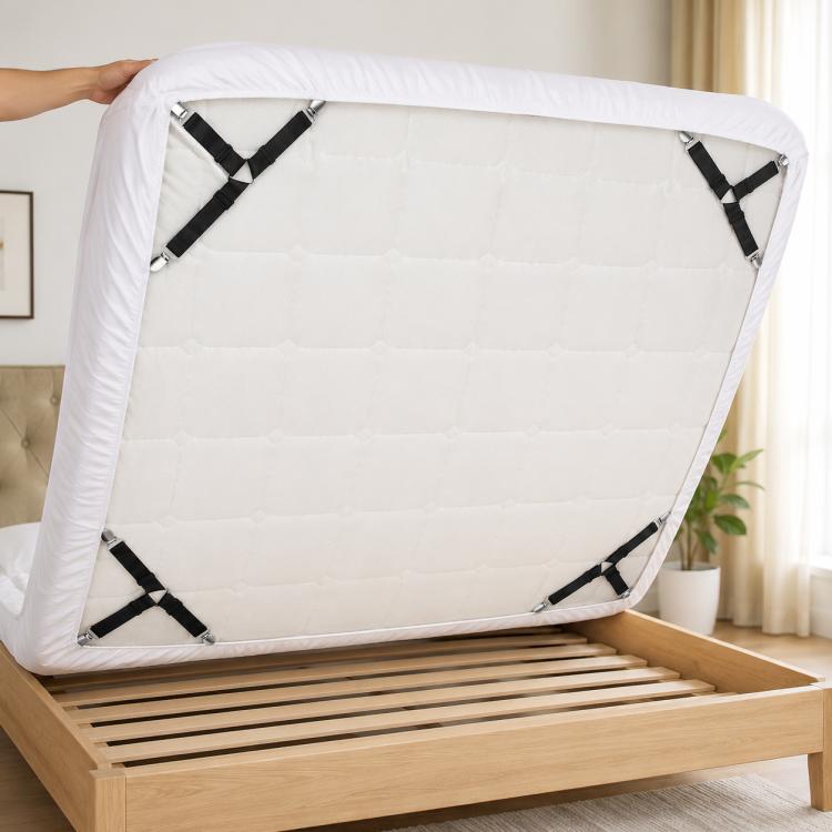 Elastic bed sheet corner straps with metal clips, attached to mattress edge