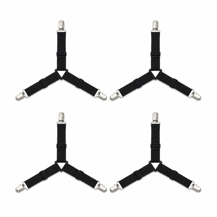 Black elastic triangle sheet straps with metal clips, four-piece set