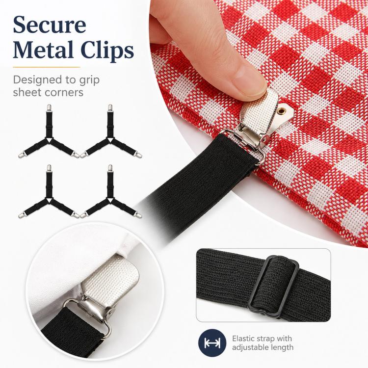 Metal clip sheet fastener gripping fabric with adjustable elastic strap