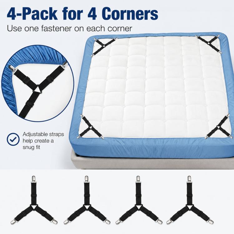 Set of four elastic corner sheet straps with metal clips for 4 corners