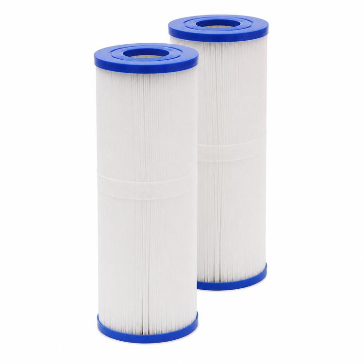Two replacement pool filter cartridges, white pleated filter media with blue rims