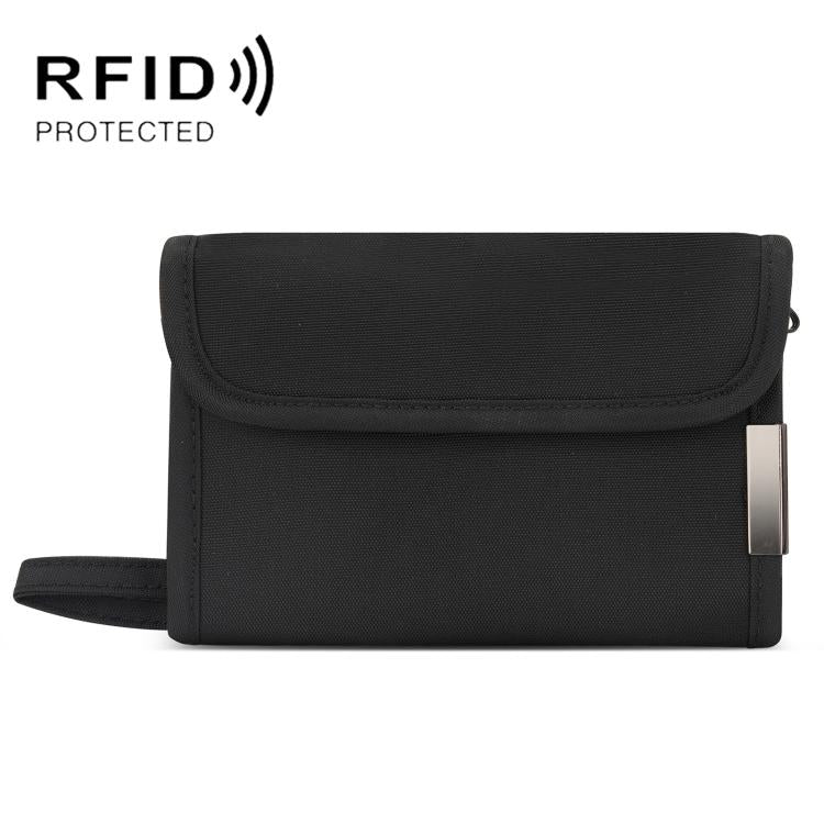 Black RFID card and coin holder with front flap and metal buckle