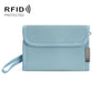 Light blue RFID card and coin holder with front flap and wrist strap
