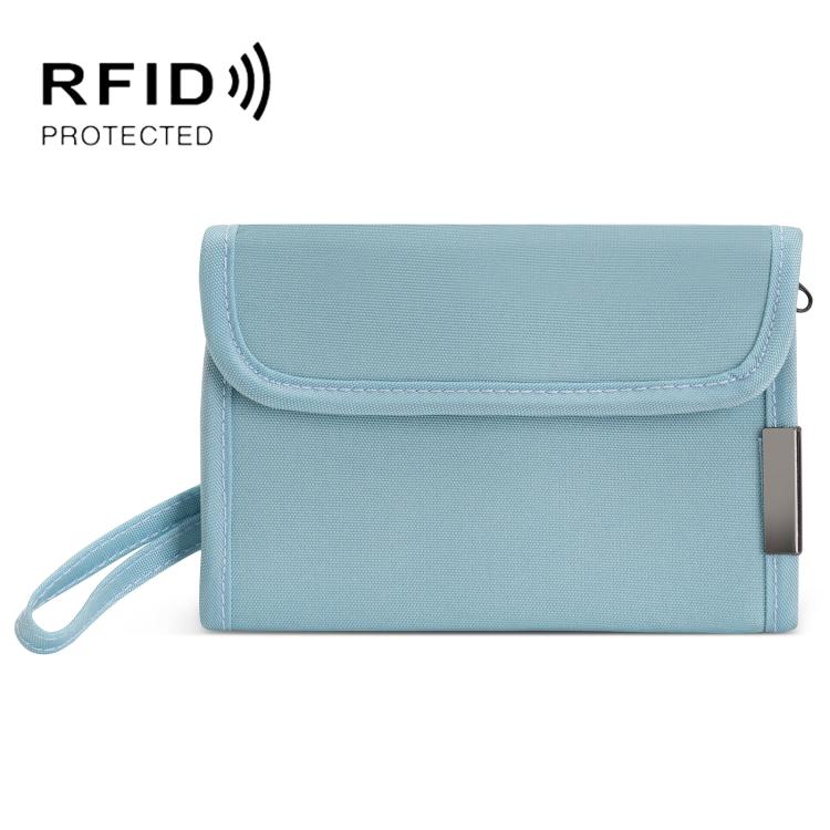 Light blue RFID card and coin holder with front flap and wrist strap