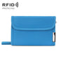 Blue RFID card and coin holder with front flap and side metal clasp