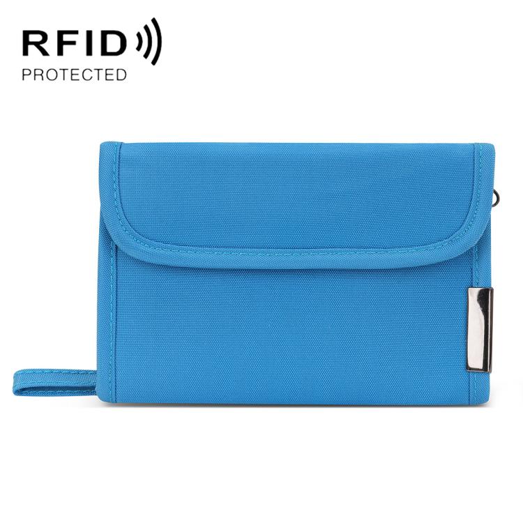 Blue RFID card and coin holder with front flap and side metal clasp