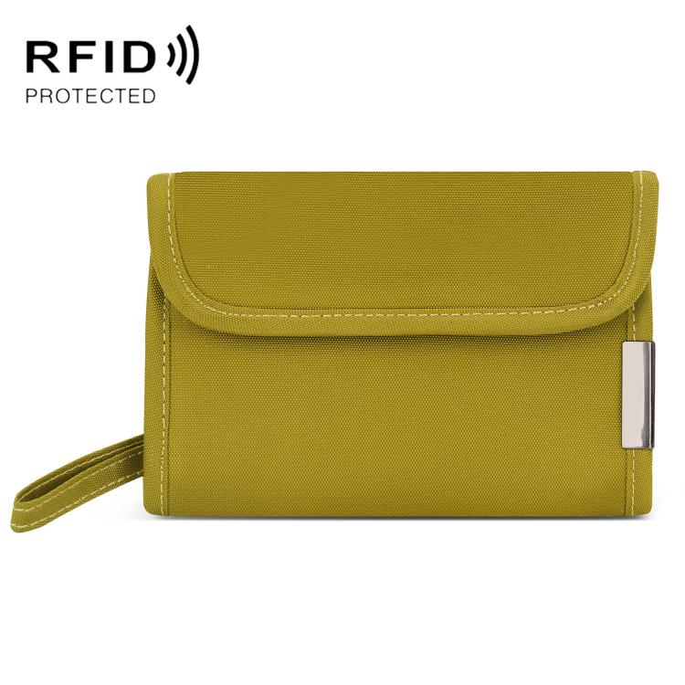 Yellow RFID card and coin holder with front flap and metal clasp