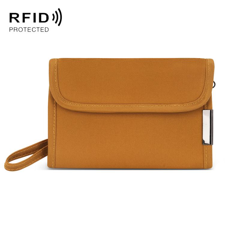 Orange RFID card and coin holder with front flap and wrist strap