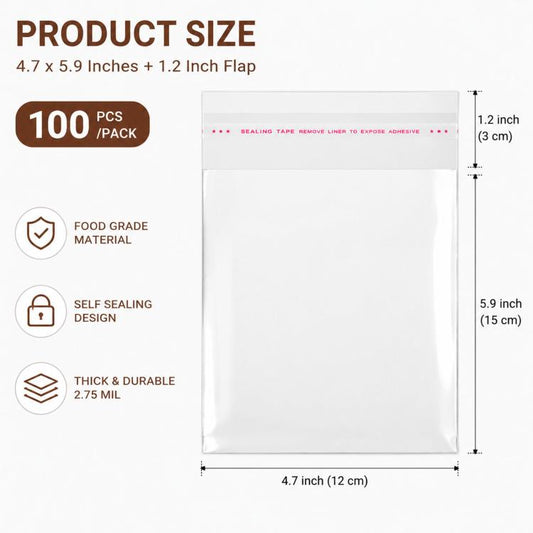 100pcs /Pack Clear Cellophane Bags Self Sealing Cello Bags 2.75 Mil Food Grade OPP Plastic Cookie Bags for Bakery, 4.7x5.9+1.2inch Flap