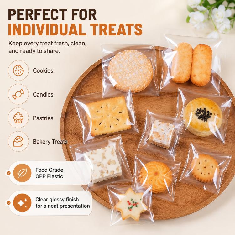 Clear self-sealing cookie bags with treats inside on a wooden serving tray