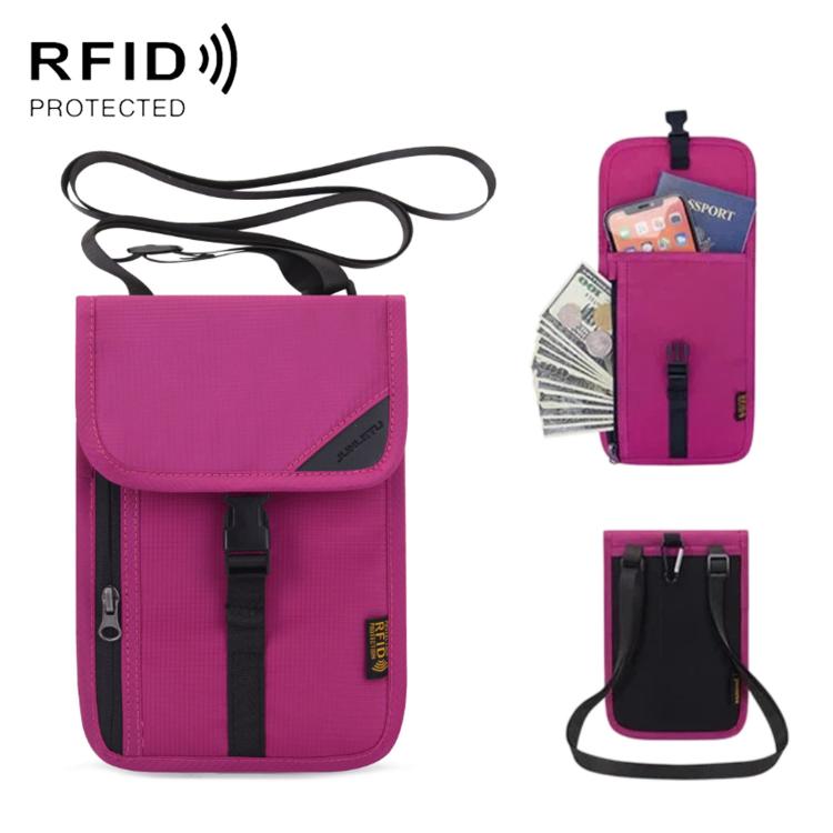 Rose pink RFID passport card holder pouch with front flap and neck strap