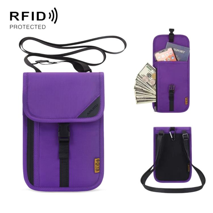 Purple RFID passport card holder pouch with front flap and neck strap