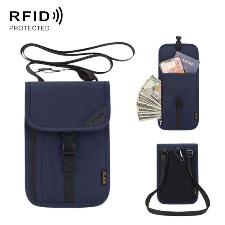 Navy blue RFID passport card holder pouch with front flap and neck strap