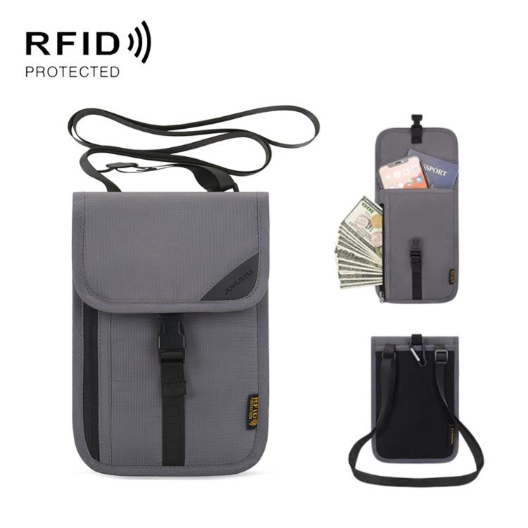 Dark gray RFID passport card holder pouch with front flap and neck strap