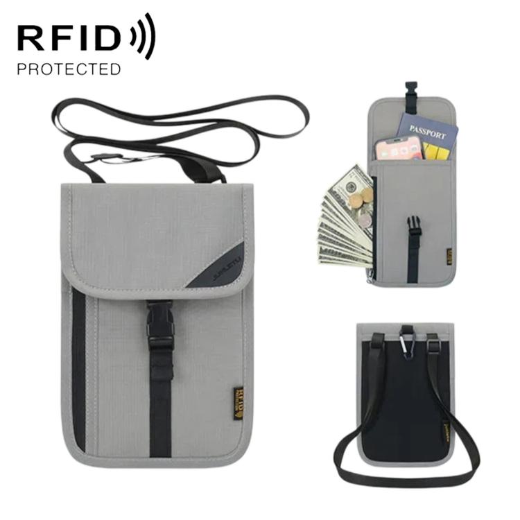 Gray RFID passport card holder pouch with front flap and neck strap