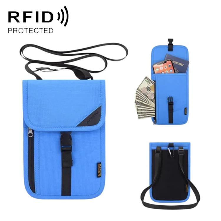 Blue RFID passport card holder pouch with front flap and neck strap