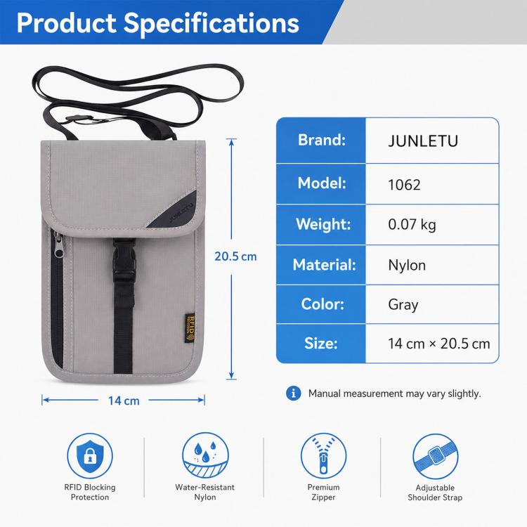 Gray nylon passport pouch by JUNLETU with adjustable strap and labeled product specifications