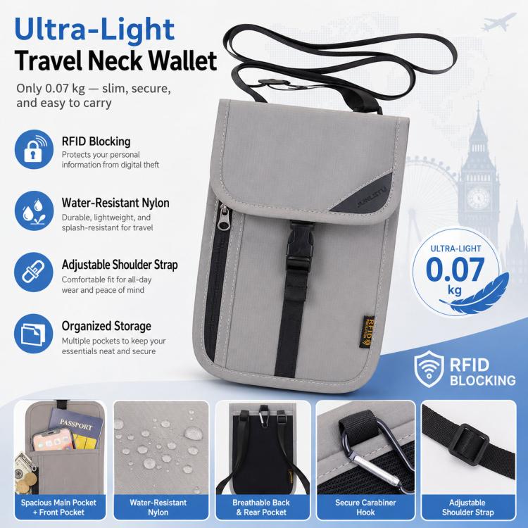 Light gray ultra-light travel pouch with neck strap and RFID-blocking design
