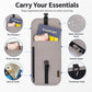 Gray passport card holder pouch with neck strap, front zip pockets and RFID-blocking design