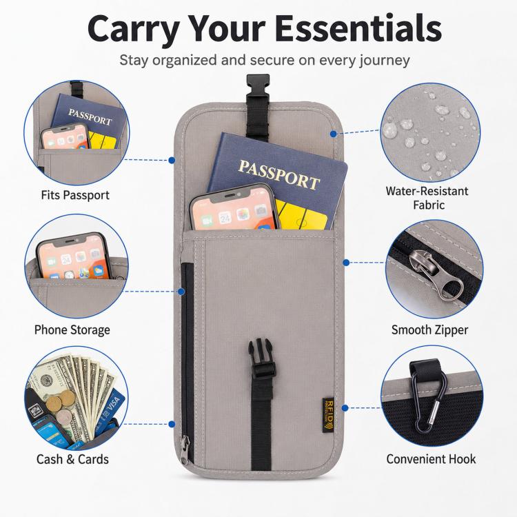 Gray passport card holder pouch with neck strap, front zip pockets and RFID-blocking design