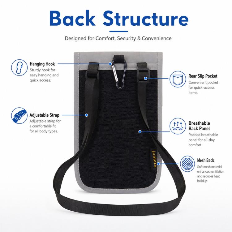 Gray neck wallet pouch back view with adjustable straps, hanging hook, and rear slip pocket