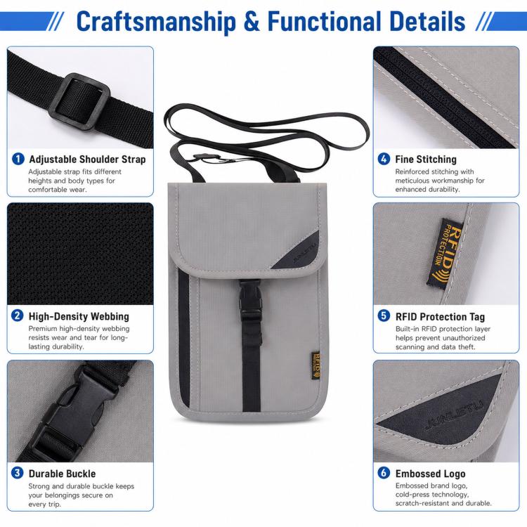 Gray RFID card holder pouch with adjustable strap, buckle detail, and front flap stitching