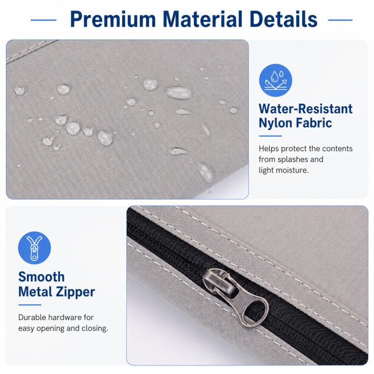 Gray water-resistant nylon pouch with textured fabric and smooth metal zipper
