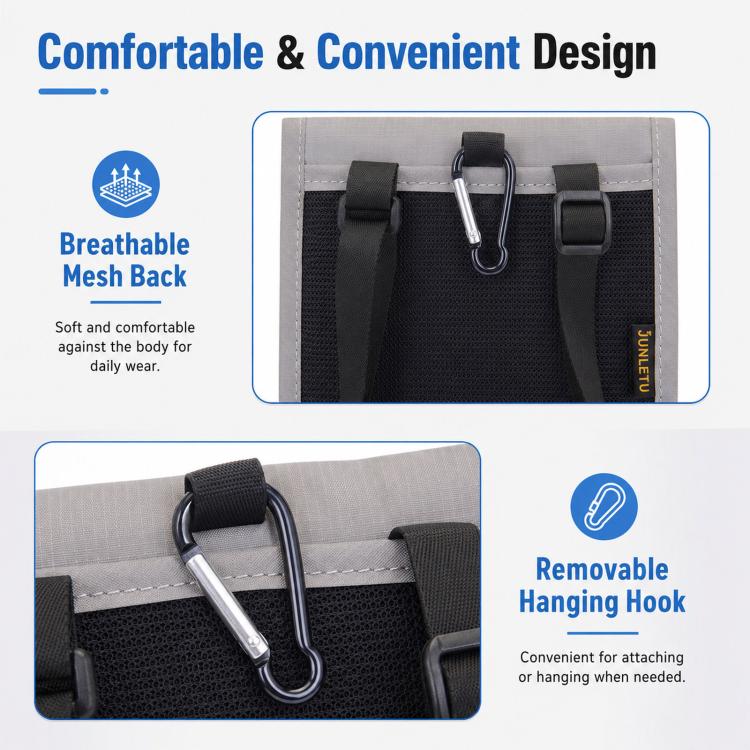 Gray pouch with breathable mesh back and removable hanging hook on the strap
