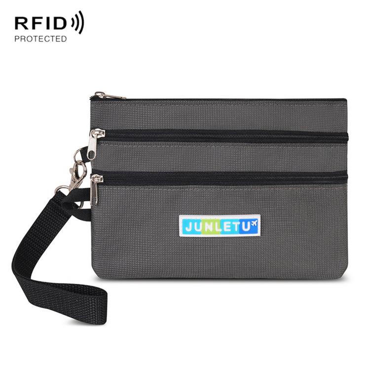Dark gray two-zip card pouch with wrist strap and RFID-protecting lining
