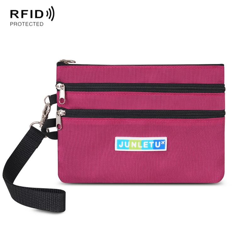 Rose red two-zip card pouch with wrist strap and RFID-protecting lining