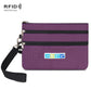 Purple two-zip card pouch with wrist strap and RFID-protecting lining