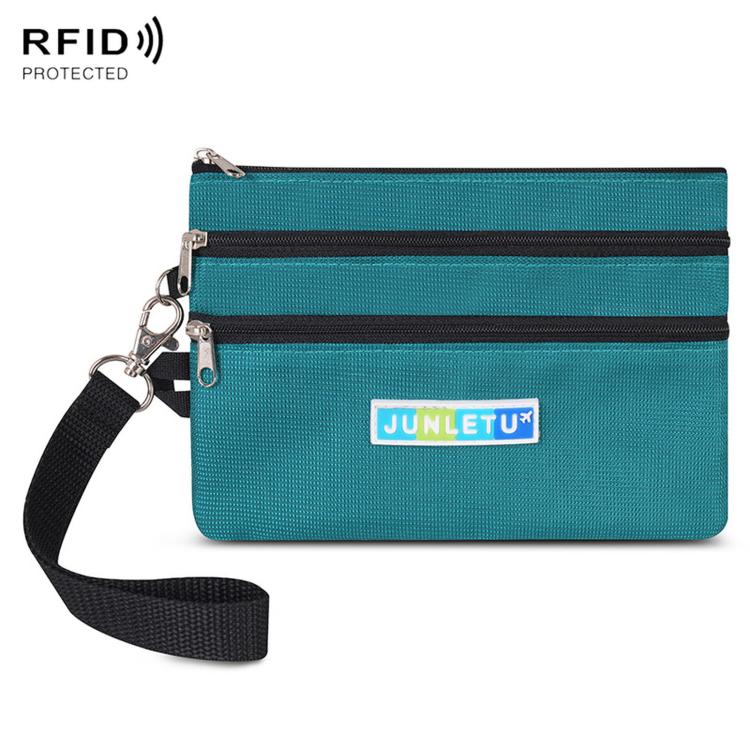 Teal two-zip card pouch with wrist strap and RFID-protecting lining