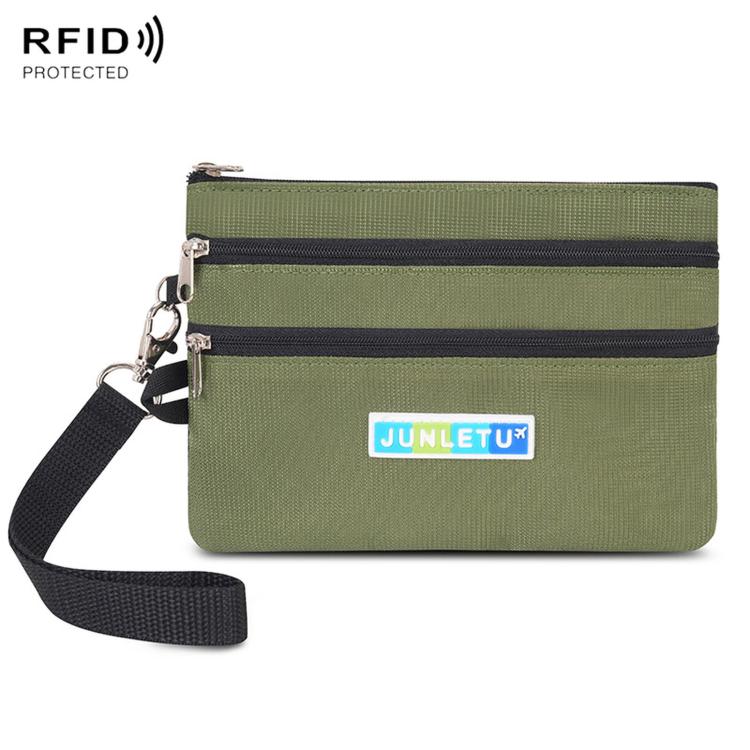 Army green two-zip card pouch with wrist strap and RFID-protecting lining
