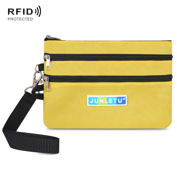 Yellow two-zip card pouch with wrist strap and RFID-protecting lining