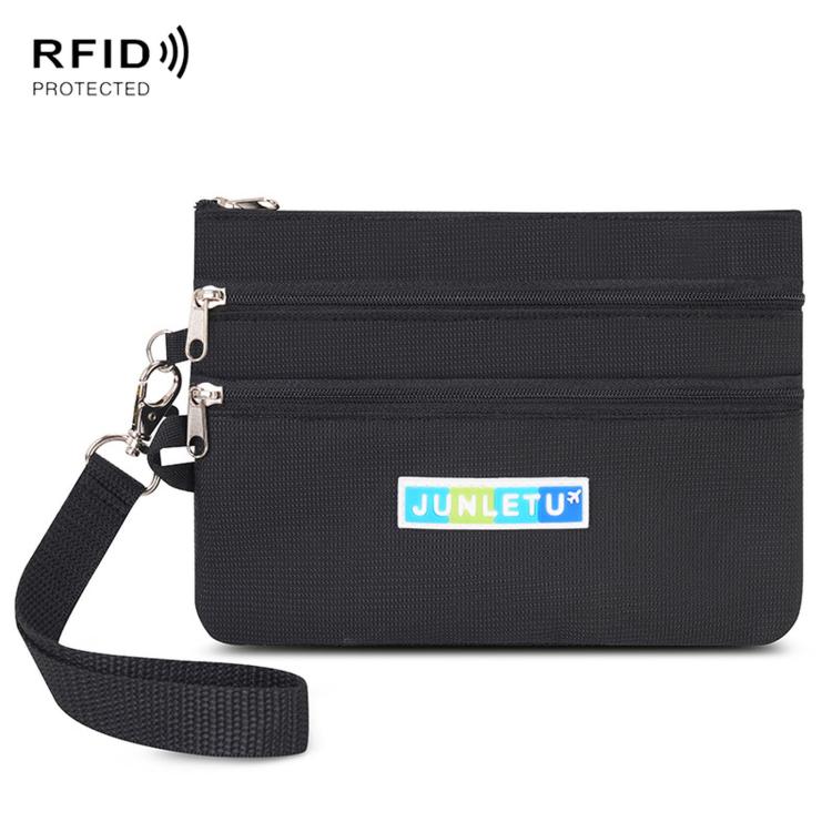 Black two-zip card pouch with wrist strap and RFID-protecting lining