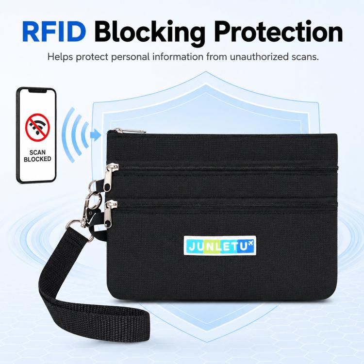 Black dual-zip card pouch with wrist strap and RFID protection lining