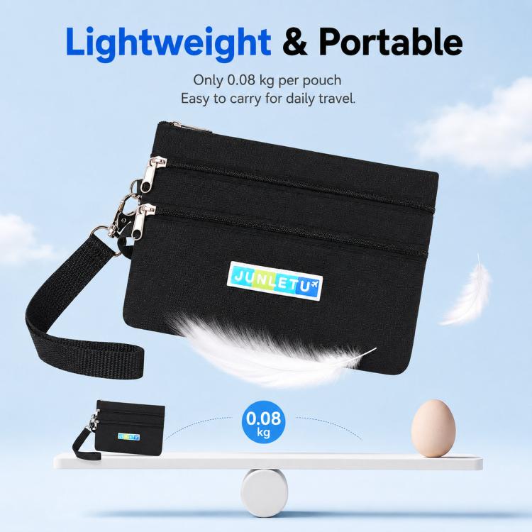 Black lightweight card pouch with wrist strap, top zipper, and logo patch on front