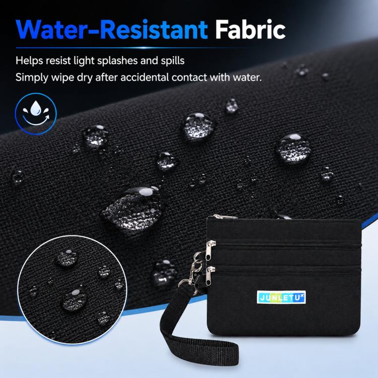 Black textured card pouch with metal zipper hardware, water-splash droplets detail