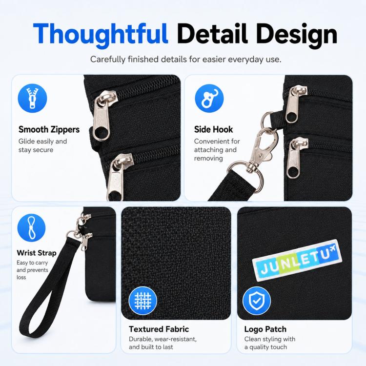 Black card pouch details: smooth zippers, side hook, wrist strap, and logo patch