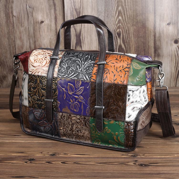 Vintage patchwork shoulder and crossbody bag with top handles and adjustable strap