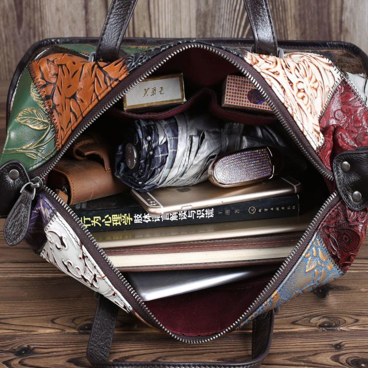 Vintage patchwork bag open interior with zip pocket and slip compartments