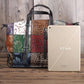 Vintage patchwork travel bag with zip top; tablet shown for size