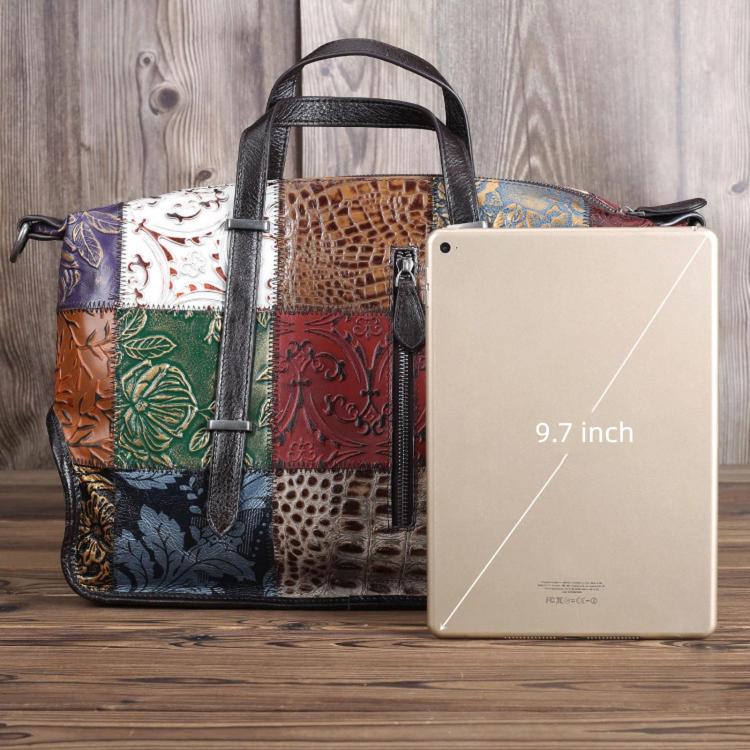 Vintage patchwork travel bag with zip top; tablet shown for size