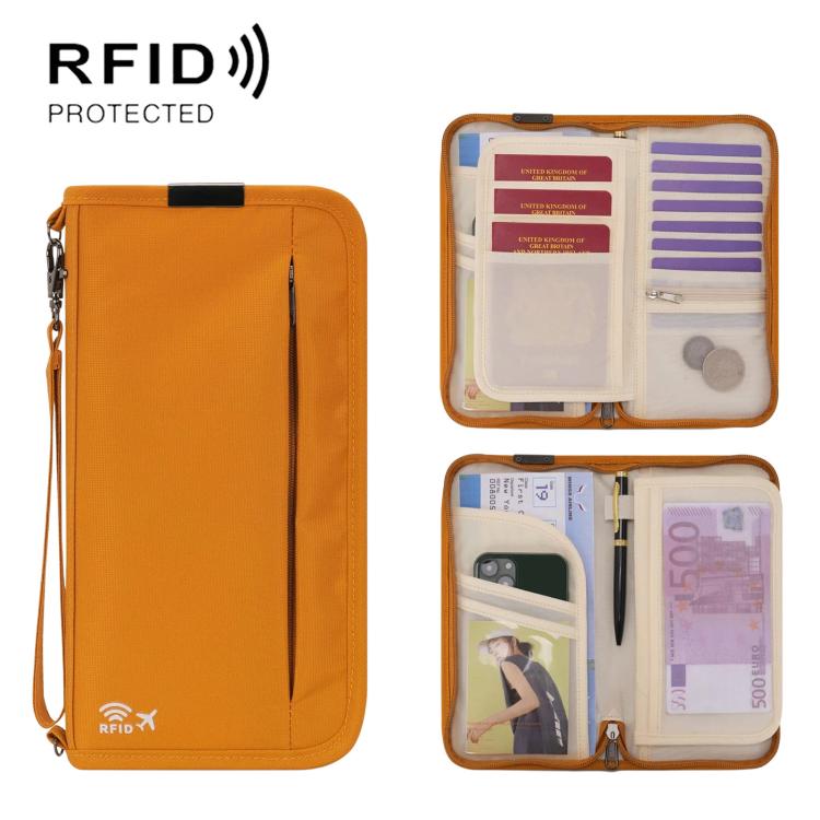 Orange RFID passport organizer pouch with wrist strap, card slots, and zip compartments