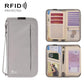 Gray RFID passport organizer pouch with wrist strap and open interior card slots