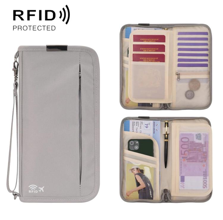Gray RFID passport organizer pouch with wrist strap and open interior card slots